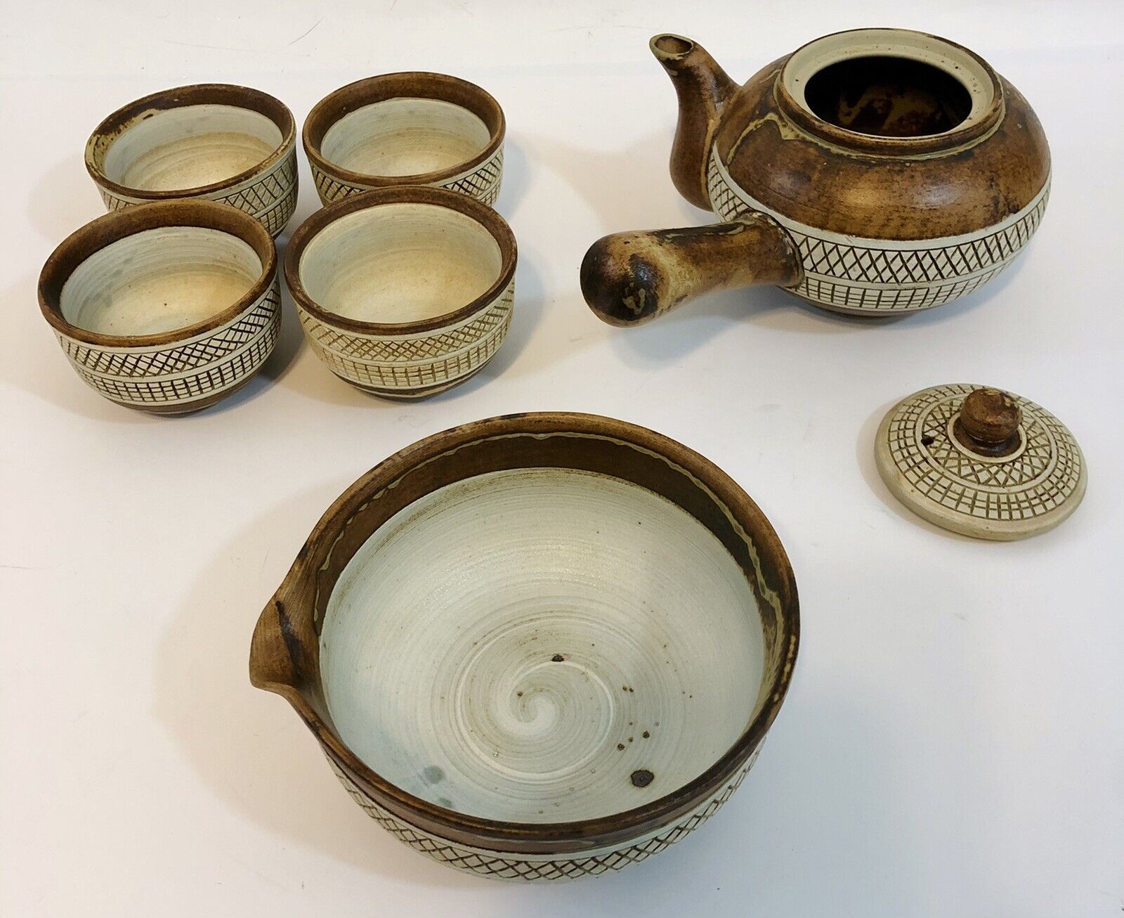 Kyusu Japanese Tea Pot Set with Bowl 4 Cups - All Marked - Handcrafted In Japan