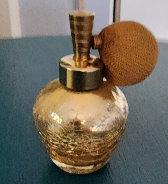 Vintage 1930's Art Deco Atomizer Perfume Bottle Gold Glass Crackled RARE