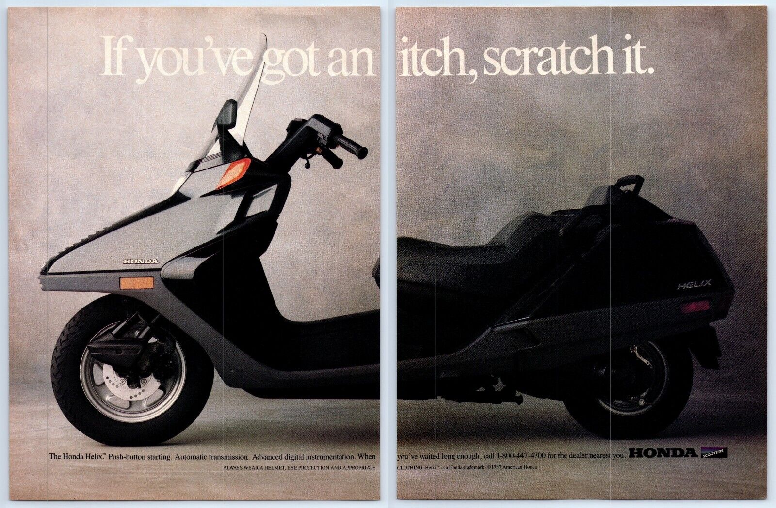 Honda Helix Scooters If You've Got an Itch Scratch It 1987 2 Page Print Ad 8x11