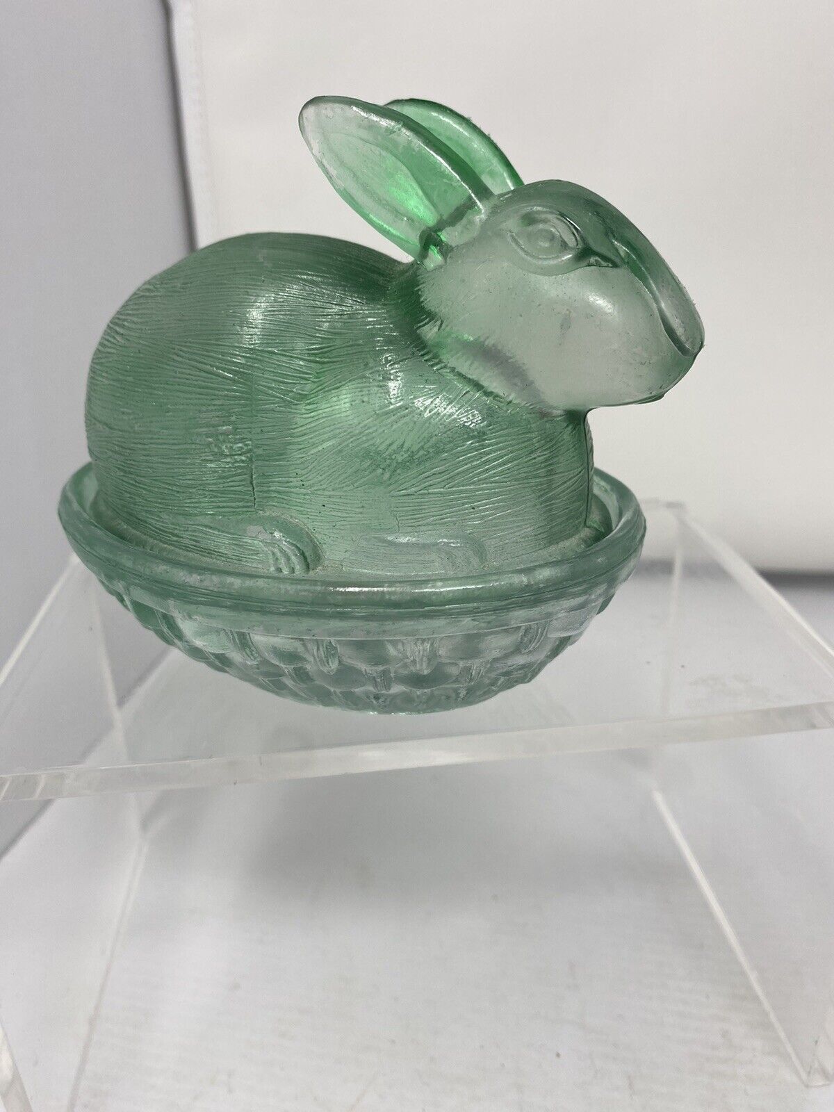 Green Glass BUNNY RABBIT IN A BASKET or Nest