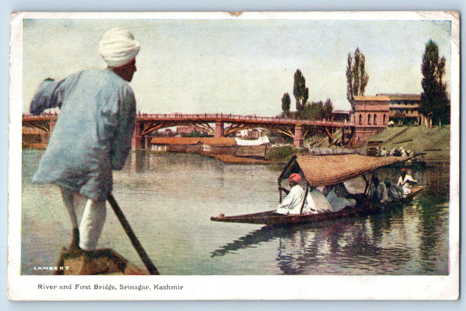 Srinagar Kashmir India Postcard River First Bridge 1921 6 Cents Postage Due