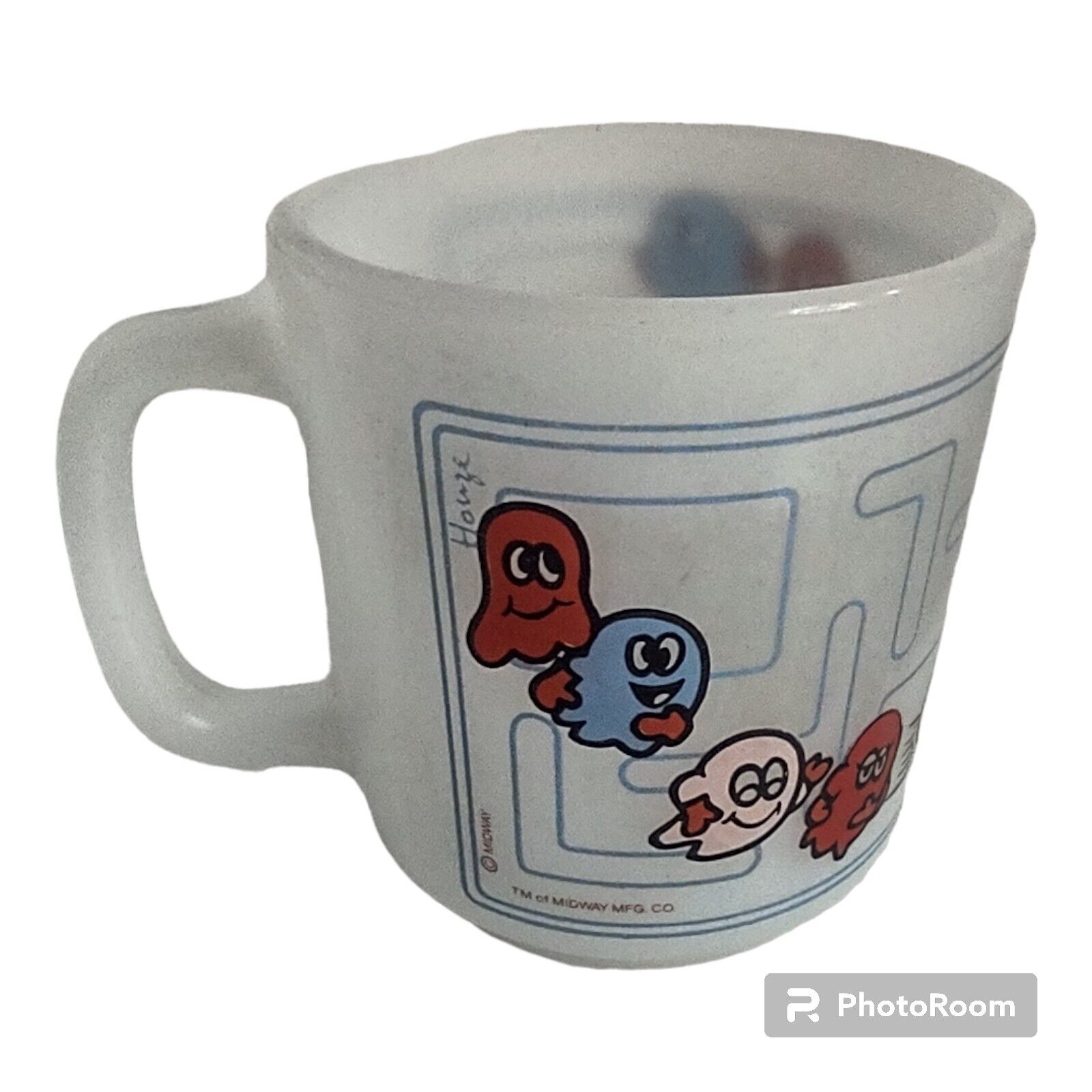 Vintage Glasbake Pac-Man Video Game Milk Glass Signed Cup Mug Midway Games