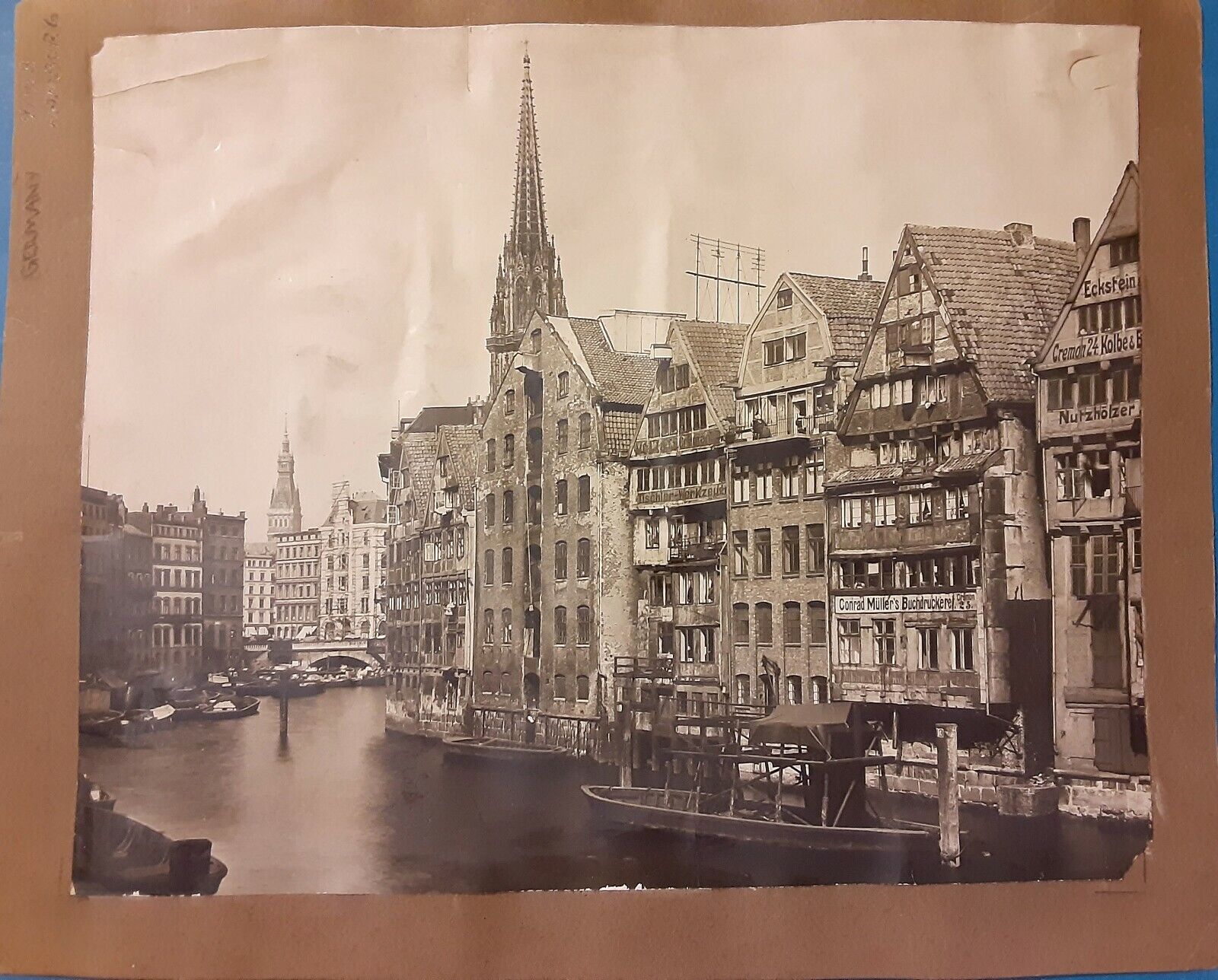 Vintage Old 1895 Large Photo of HAMBURG GERMANY Elbe River Buildings Boats Signs