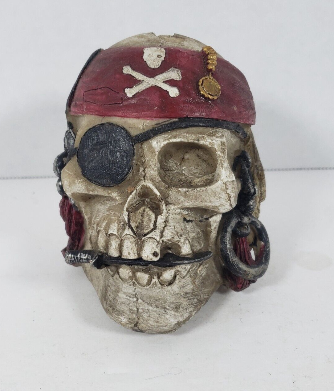 Pirate Skull Coin Piggy Bank, Red Bandana, knife 3.5 in