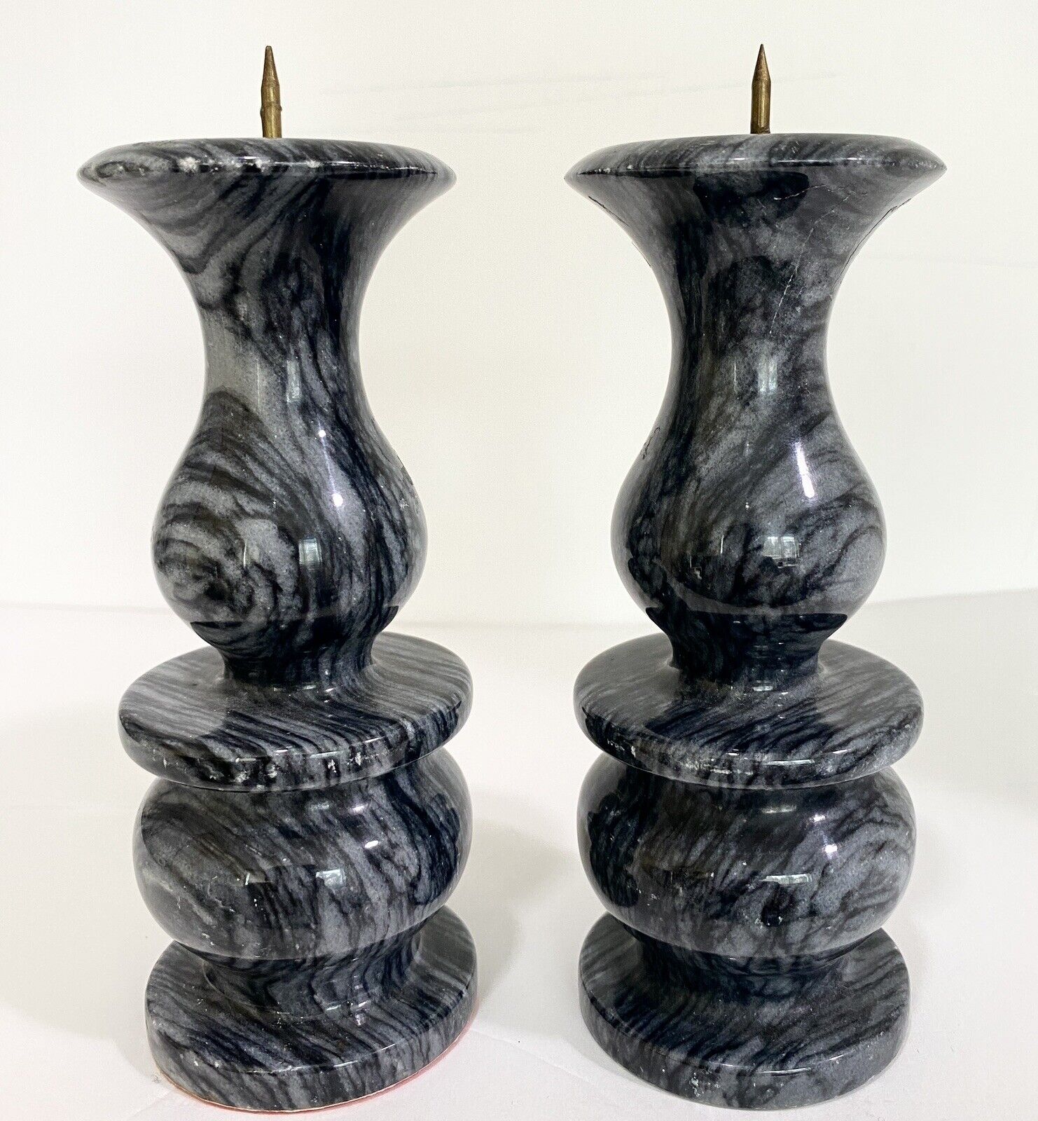 2 Black Gray White Swirl Solid Marble Onyx Carved 6” Candlestick Holders Heavy