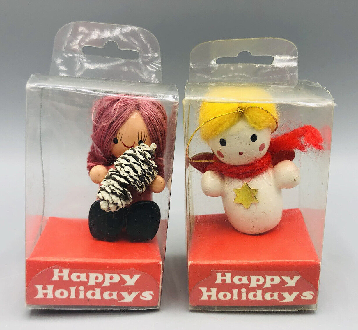 Set of (2) Vintage 1979 Enesco Wooden Happy Holidays Christmas 1-1/2” Figures