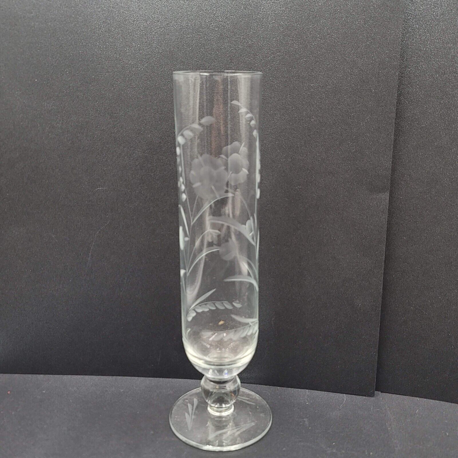 Vintage Etched Floral Design Glass Footed vase 9 in