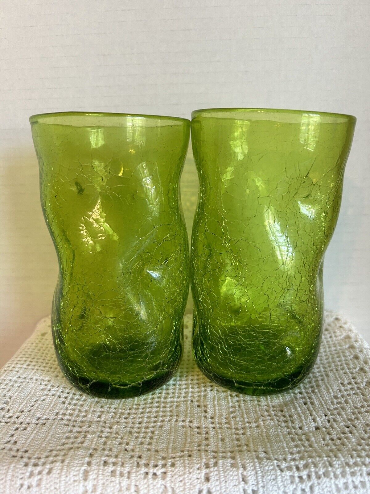 Vintage Blenko Dimpled Crackle Hand Blown Glasses 2 Green Glass 10” Tumblers EUC