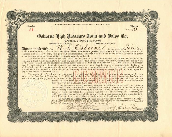 Osborne High Pressure Joint and Valve Co. - Stock Certificate - General Stocks