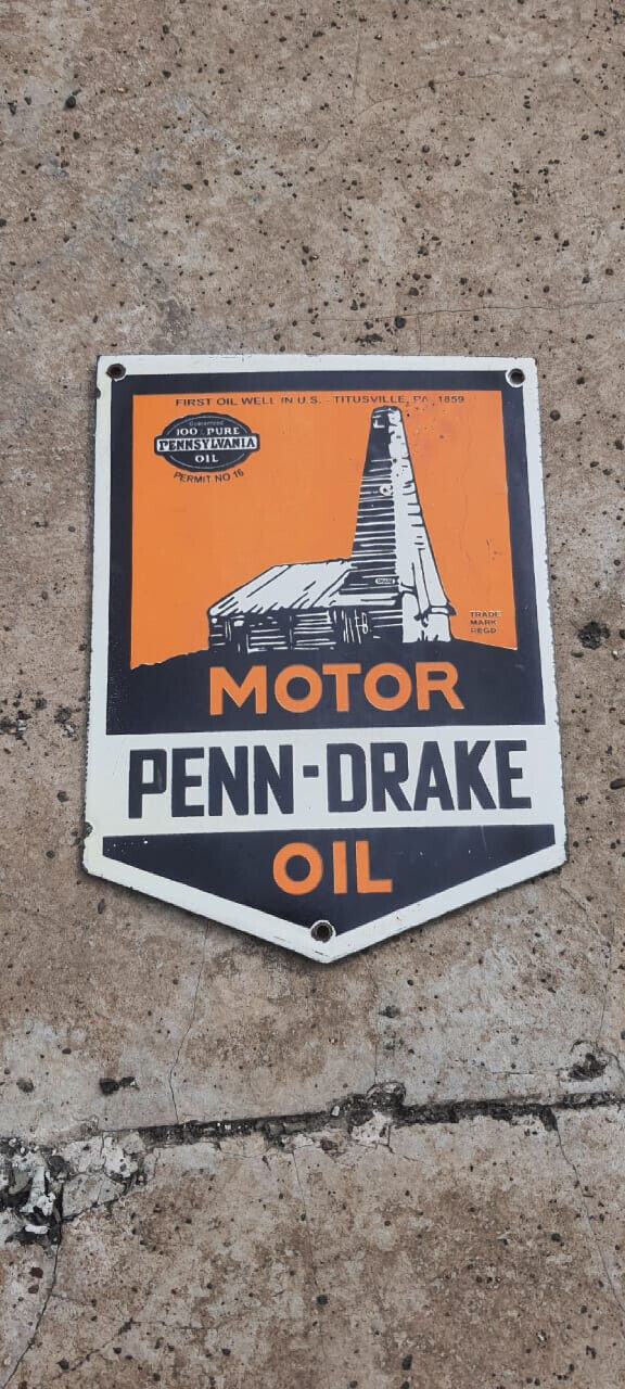 Porcelain Penn-Drake Motor Oil Enamel Sign Size 8\