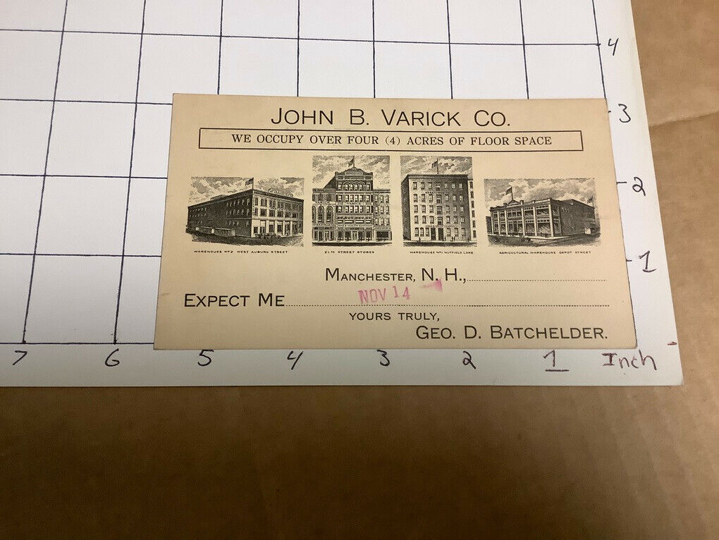 Original Card: John B Varick co -manchester nh  w 4 building examples BATCHELDER