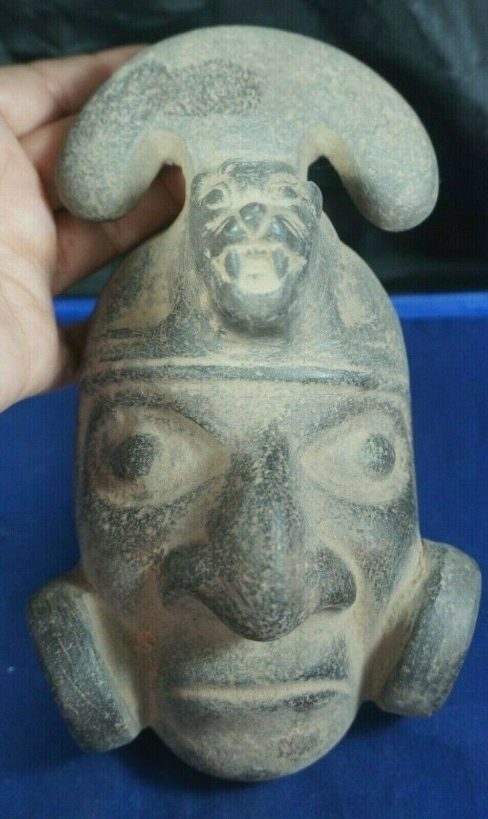 Peruvian mask of Inca warrior - puma desing - carved in stone 