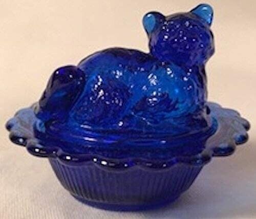 Mini Kitten - Cat Salt Cellar / Salt Dip - Cobalt Blue Glass - Mosser USA