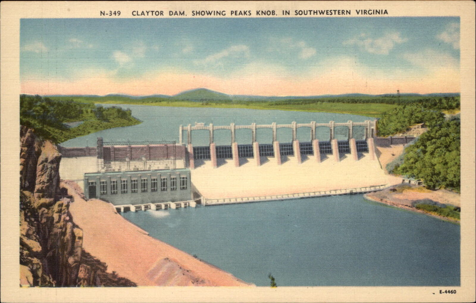 Claytor Dam Virginia ~ Peaks Knob in background ~ aerial view ~ linen postcard