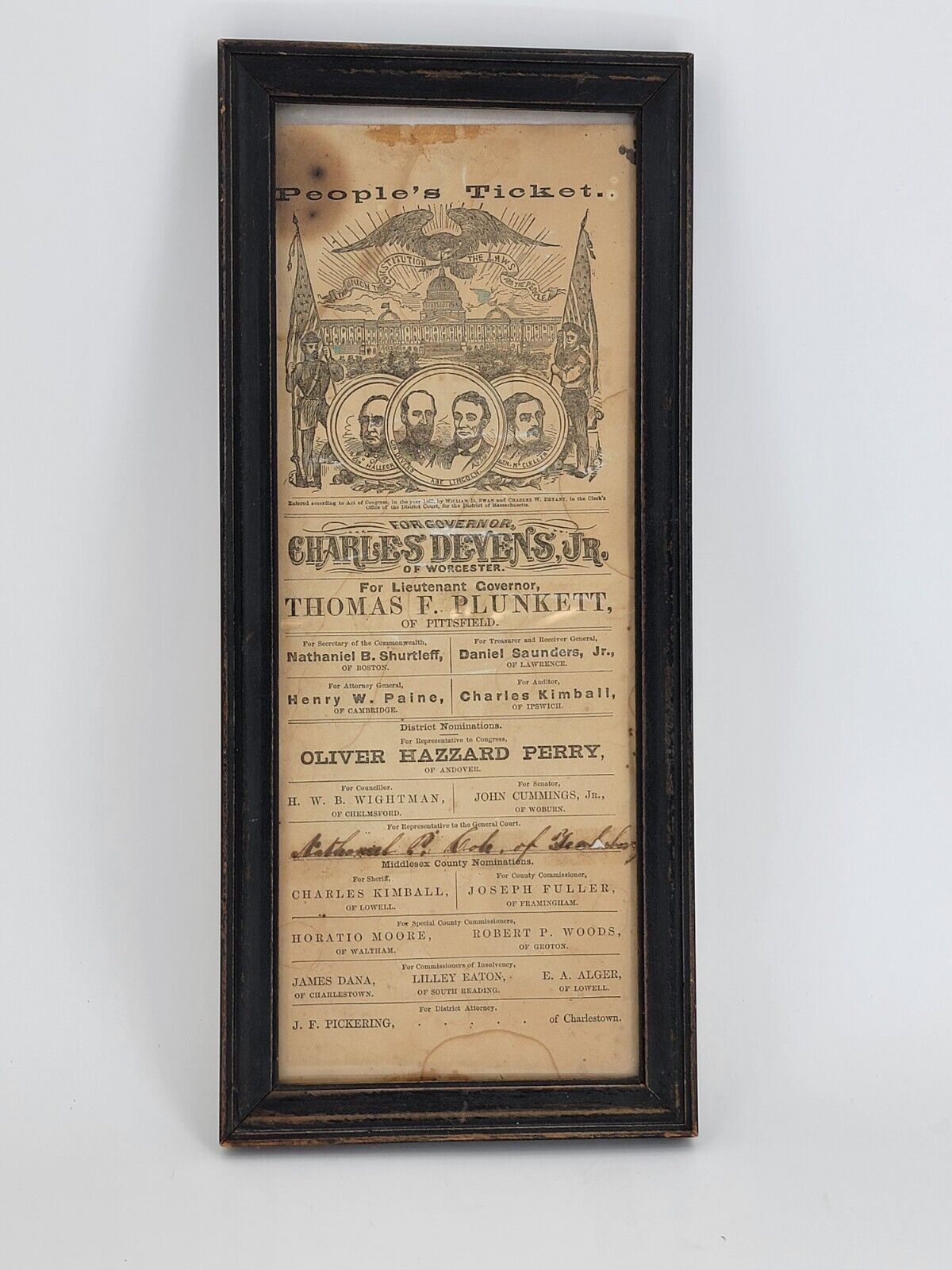 1862 Massachusetts Election Ticket Charles Devens Jr for Governor Worcester MA