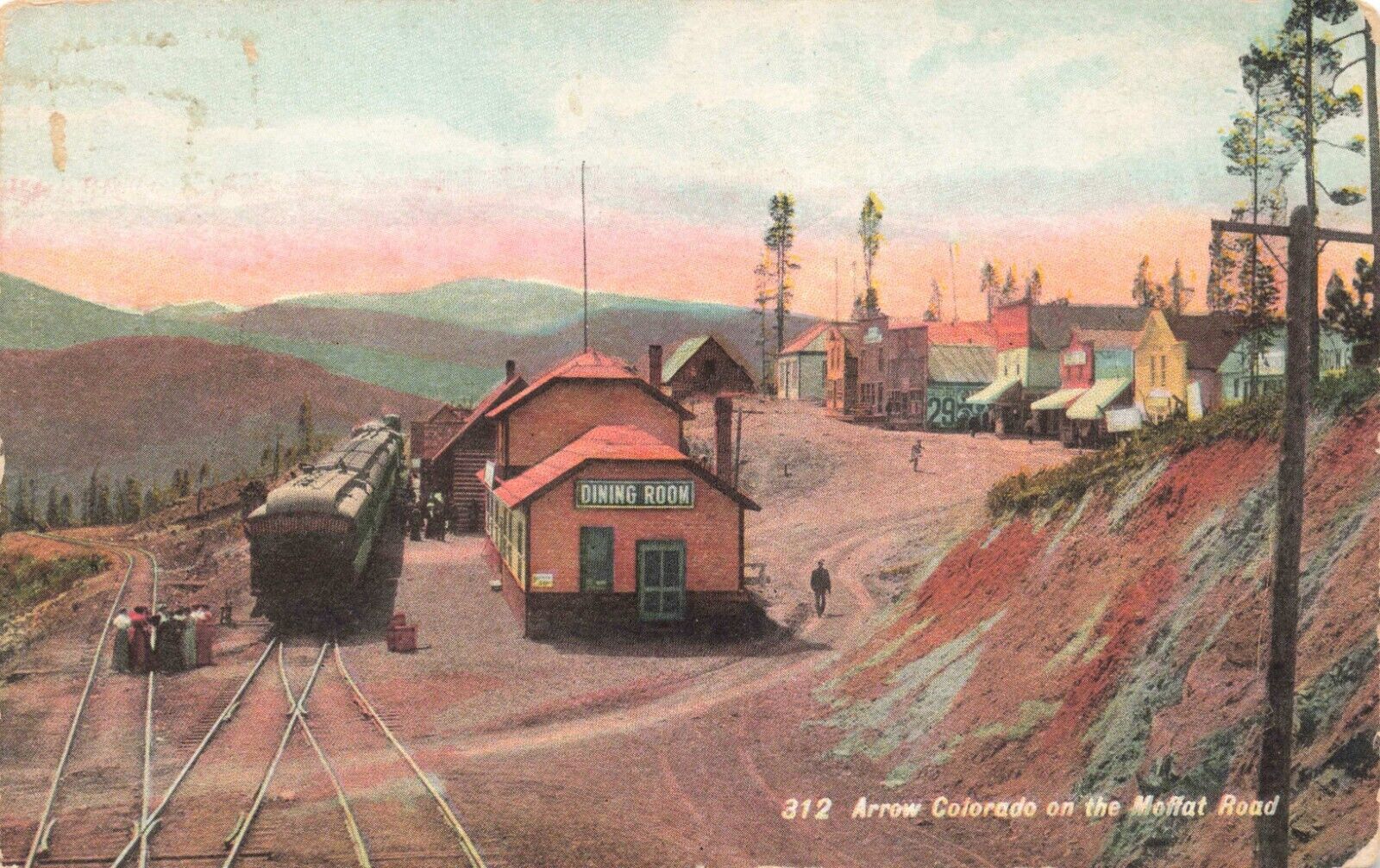 Postcard CO Arrow Train Station Depot Railroad Tracks Moffat Road Route Denver