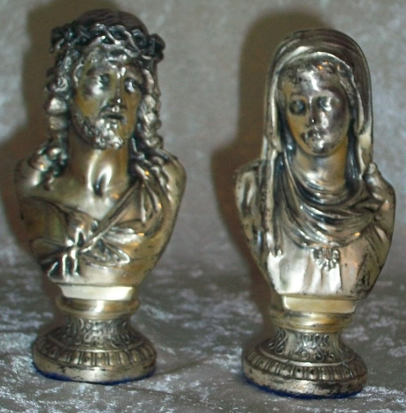 Vintage Jennings Brothers Gothic Worn Silver Plate Mother Mary Jesus Figurines
