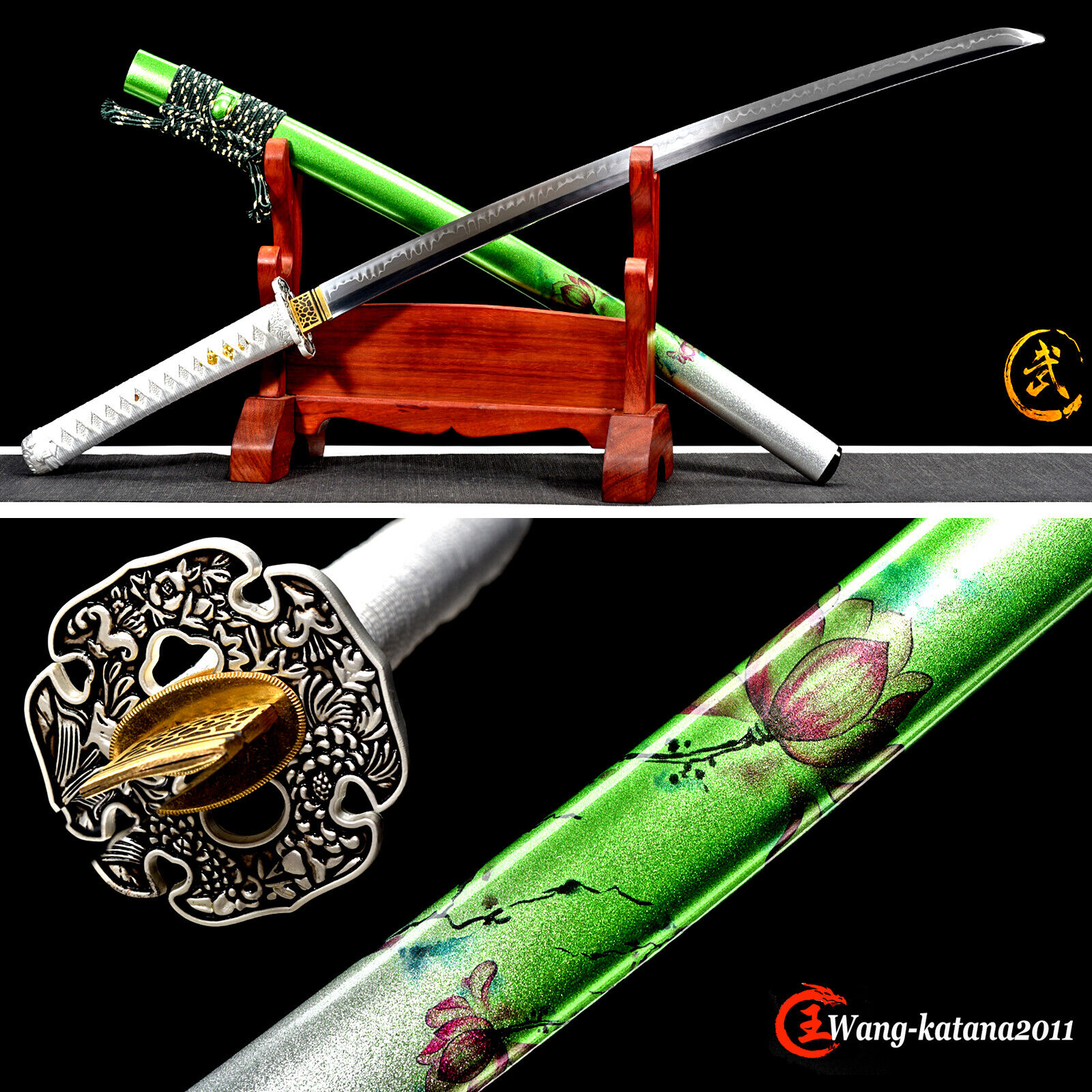 Lotus Flower Katana Clay Tempered T10 Steel Real Hamon Japanese Samurai Sword 