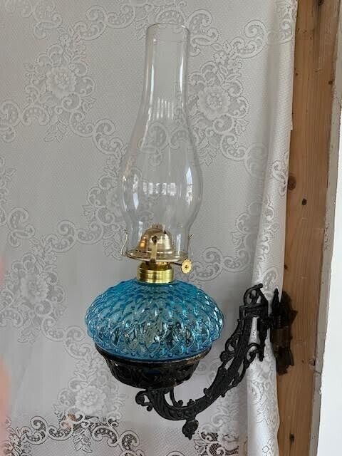 Antique B & H Cast Iron Wall Oil Lamp Bracket Blue Quilted Oil Lamp