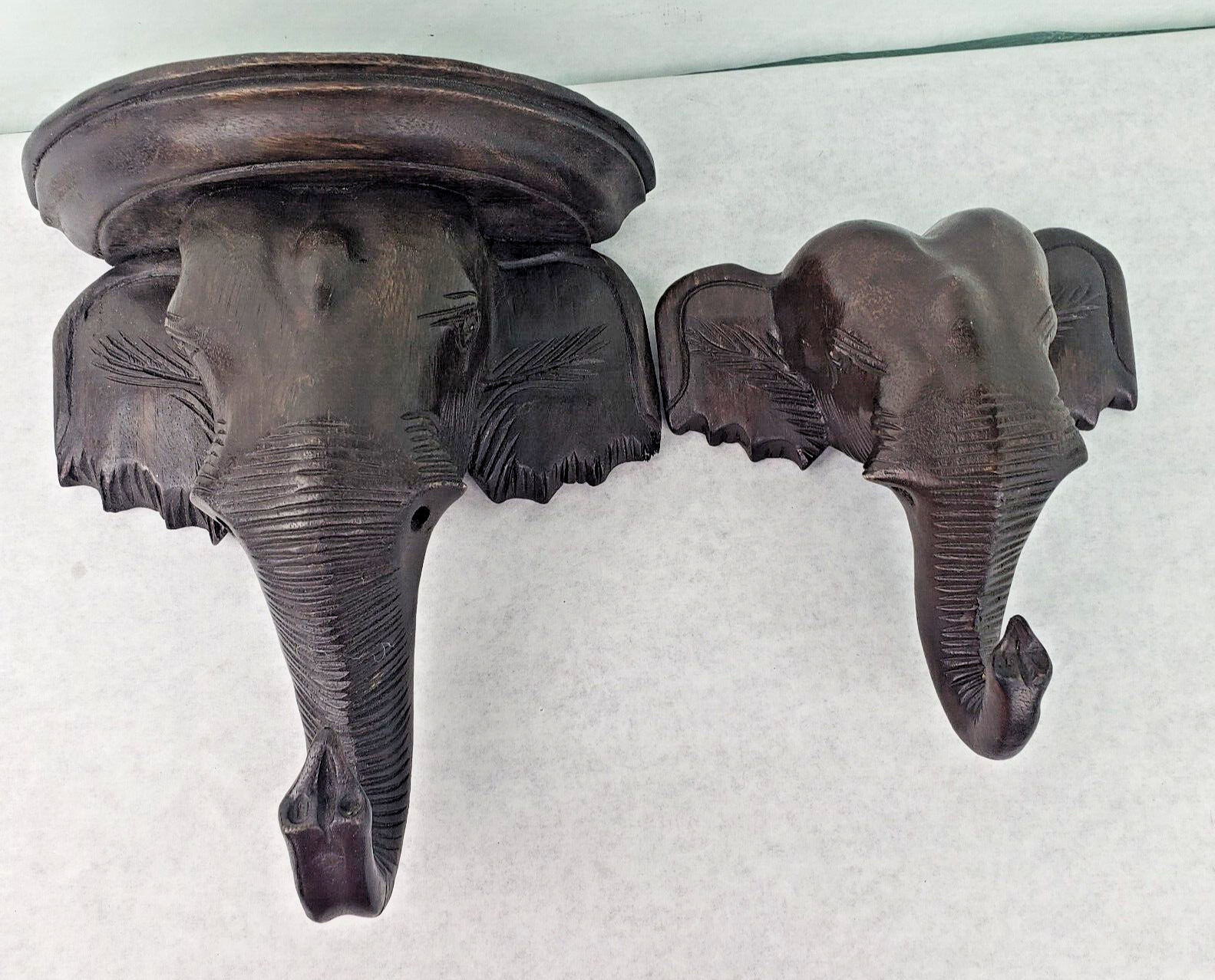 Pair Hand Carved Vintage Wooden Wall Décor Elephant Wall Shelf Coat Hat Hangers