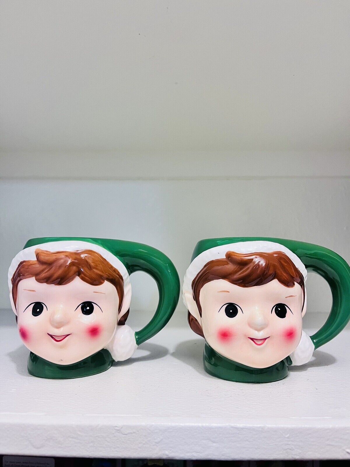 Pottery Barn Figural Boy Elf Coffee  Mug Green 12 OZ  set of 2