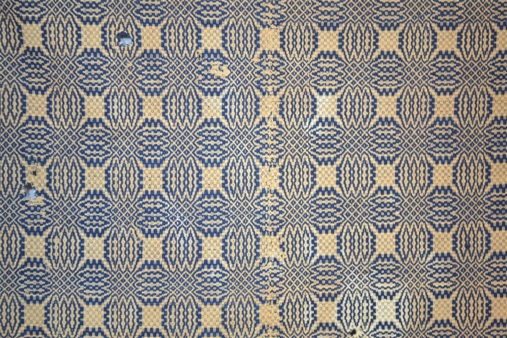antique coverlet blue white 72x80 wool/linen original 1800s rough cutter 