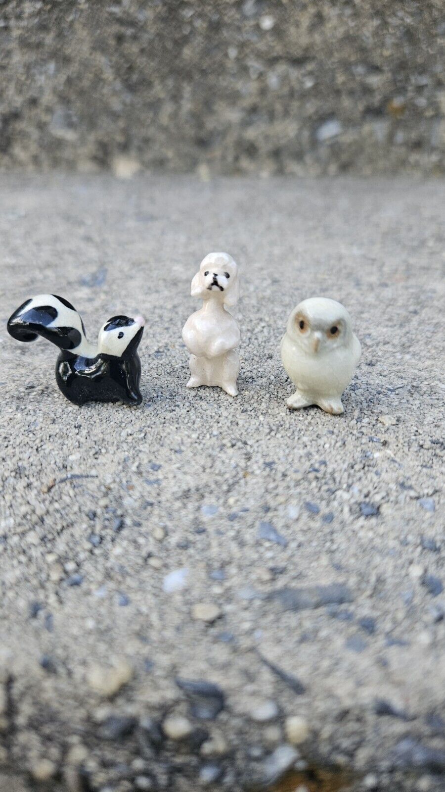 Set Of 3 Vintage Bone China Mini Figurines Skunk Poodle Owl