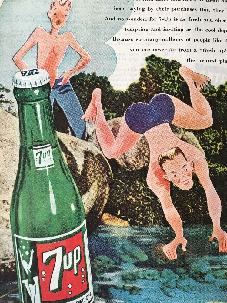 1946 7UP Soda Pop Color Ad Boys Swimming Vintage 7 UP Soft Drink