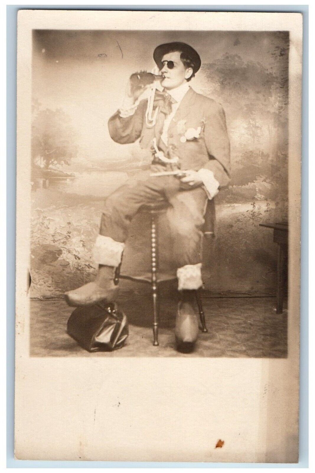 Man Weird Costume Postcard RPPC Photo Sunglasses Pistol Gun Studio c1910\'s