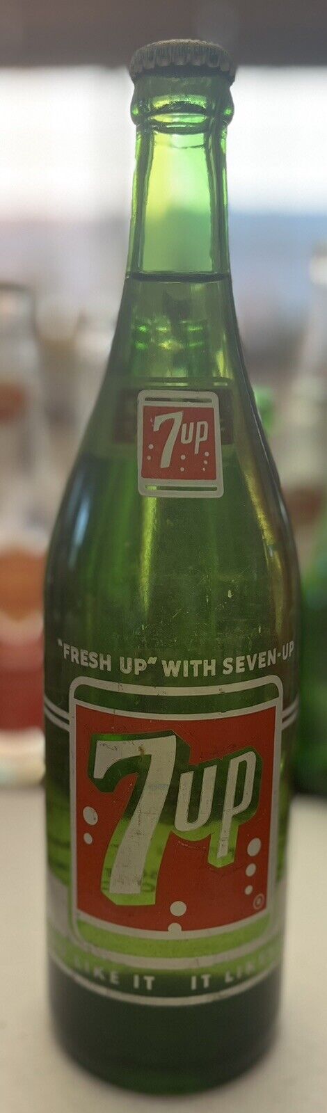 Vintage 7 UP Bottle 1950s Green Glass “Freshen Up” w Seven Up 24 Oz. FULL