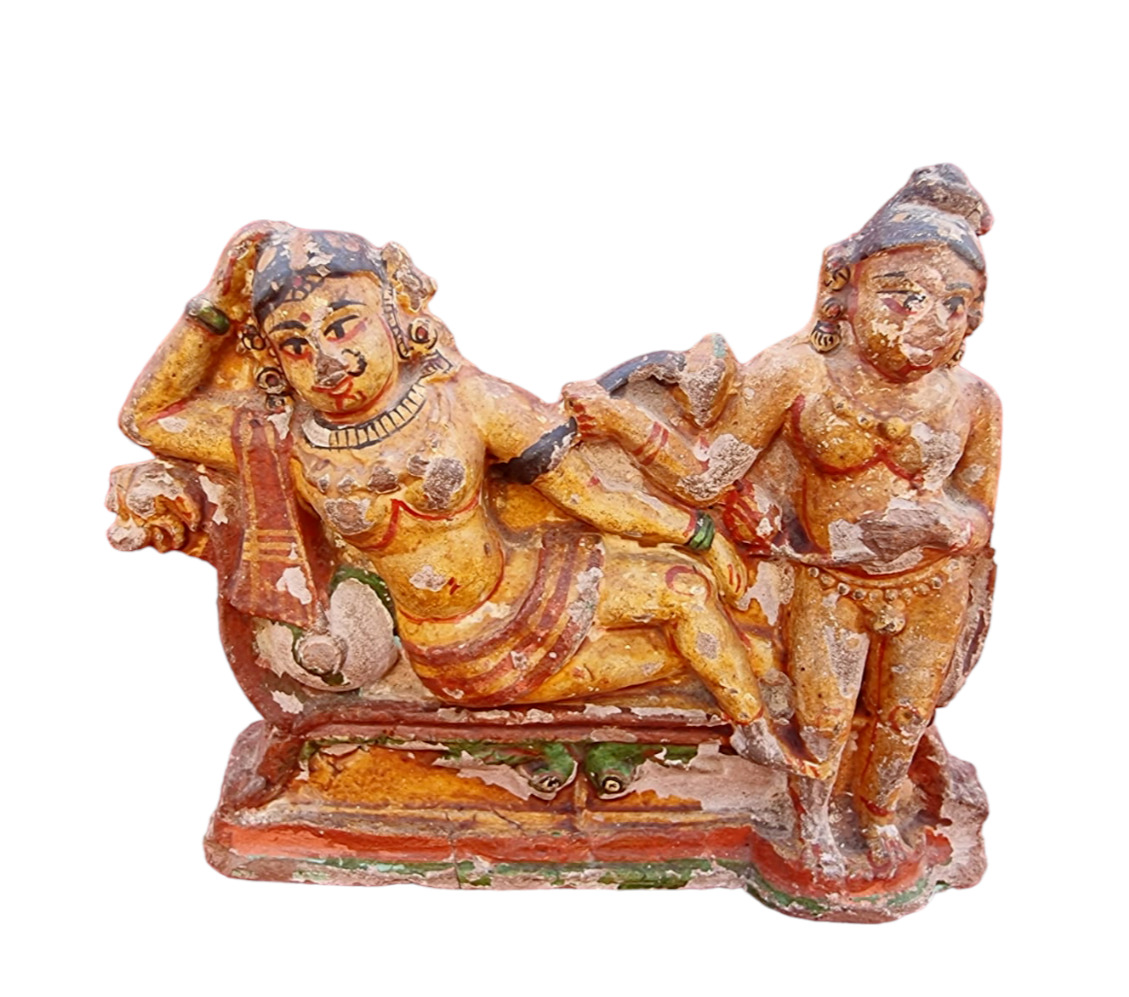 Rare 18C Old Antique God Goddess Radha Krishna Lacquer Painted Terracotta Statue
