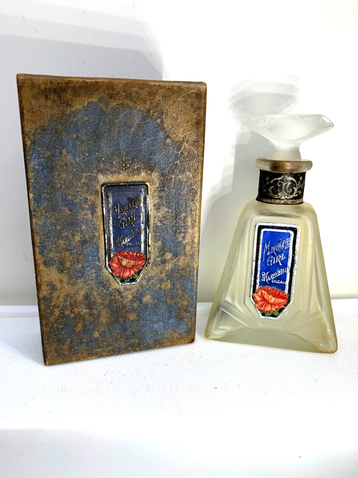 Sweet Antique perfume bottle w/its powder box. Marinello Girl, Marinello.  1922