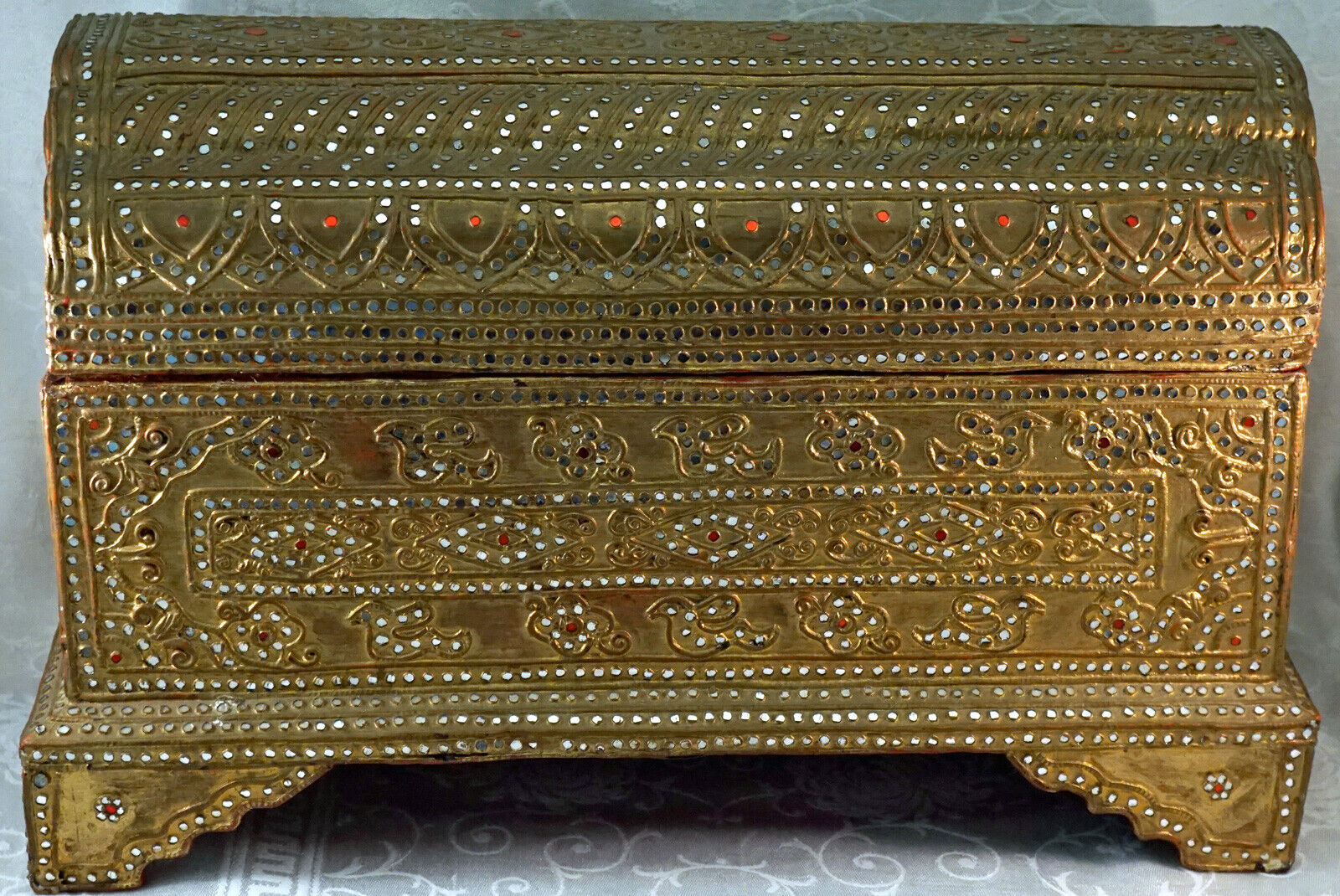 Asian Gilt Wood Trunk Box Inlaid with Bits of Mirror & Carved Indonesia