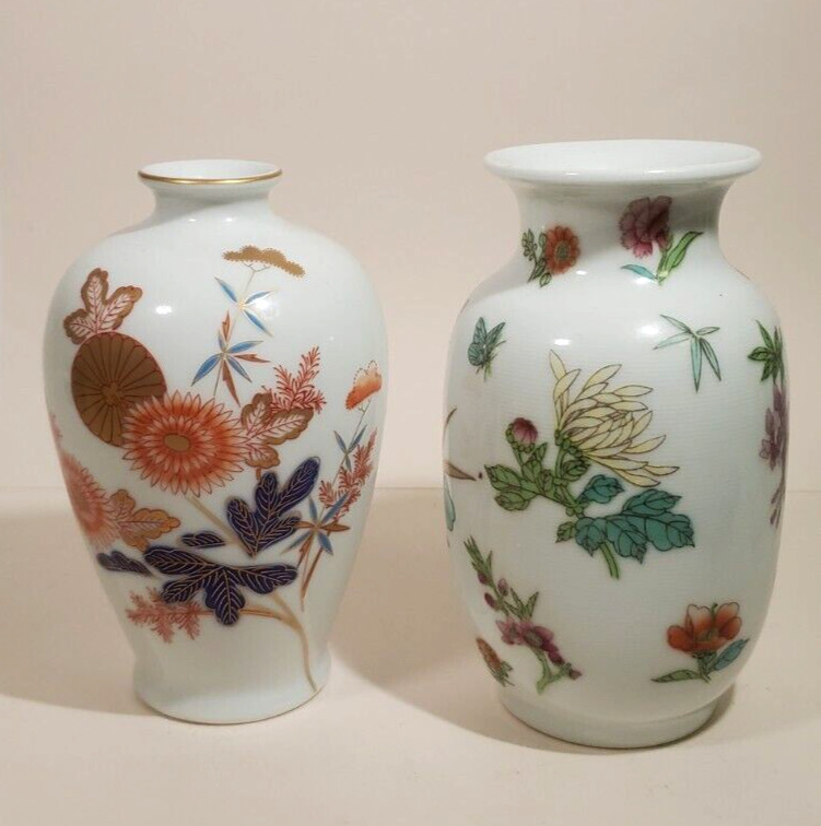 2 Asian Porcelain Vases Imari Japan Fugagawa & Chinese Famille Verte Enameled