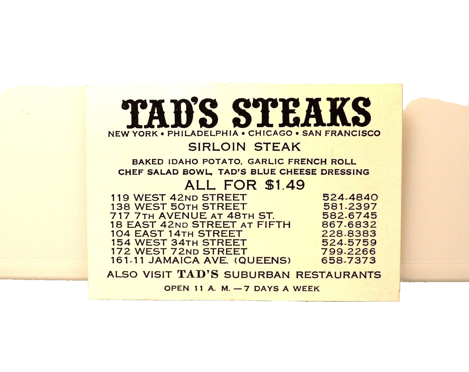 Vintage Business Card Tad's Steaks New York Philadelphia Chicago San Francisco