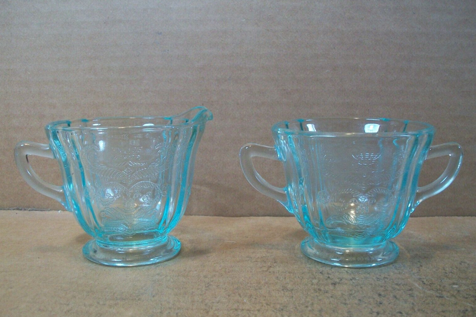 Vintage Indiana Glass Recollection Madrid Teal Aqua Cream and Sugar Set
