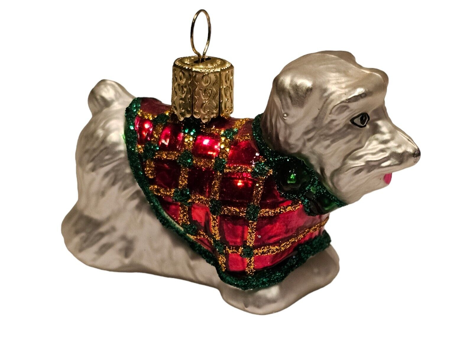 Retired Old World Christmas White Scottie Dog with Plaid Sweater Glass Ornament