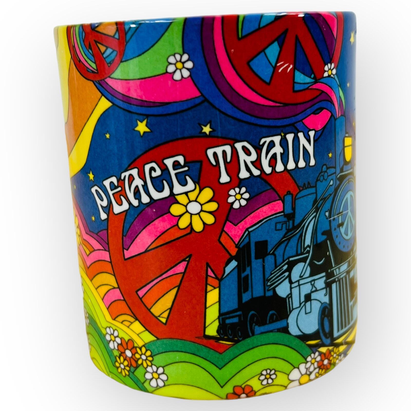 Vintage 70s Ceramic Coffee Tea Mug Peace Train Pop Art Peace Sign 12 Oz RARE