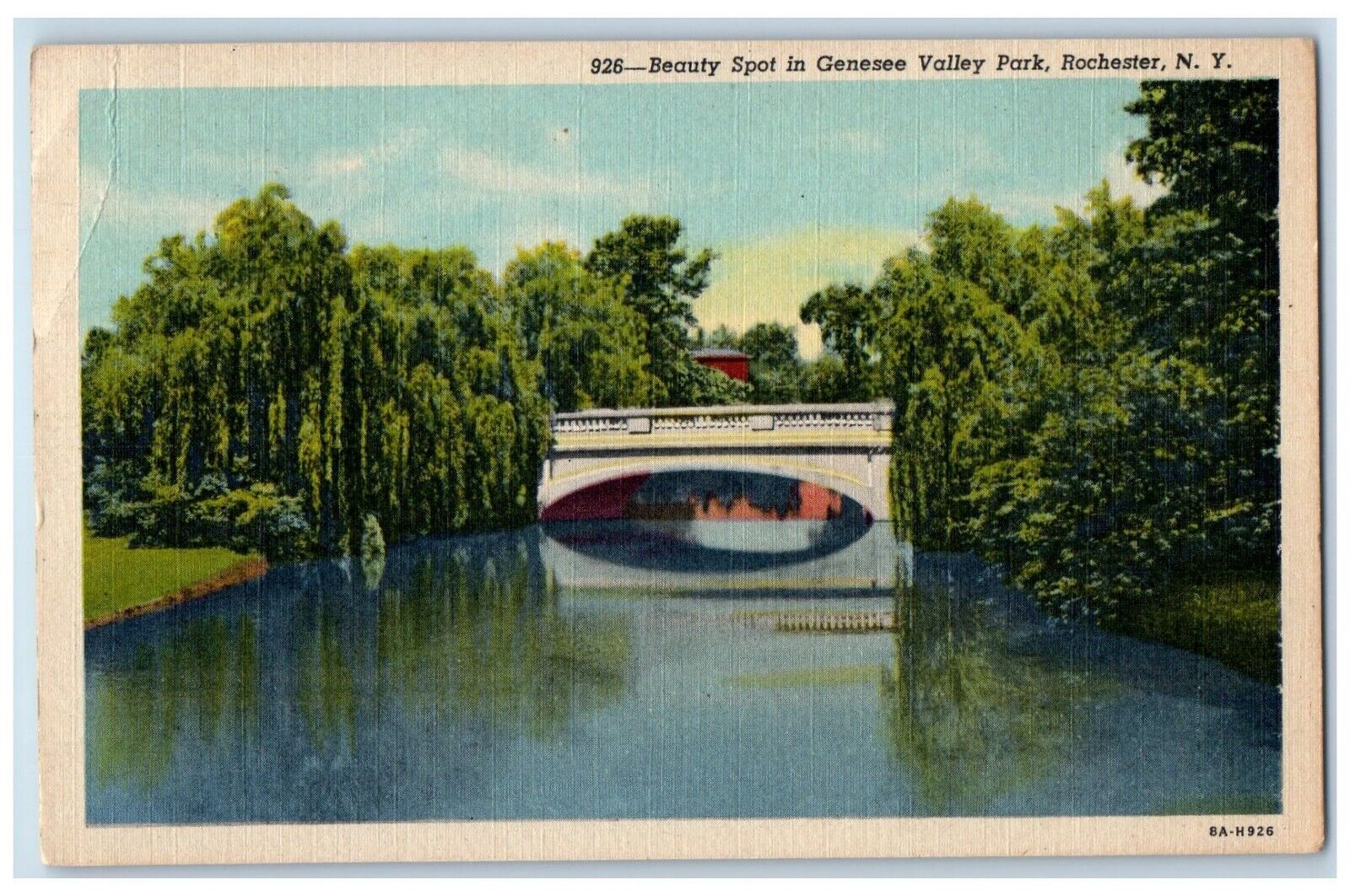 c1940 Beauty Spot Genesee Valley Park Bridge River Rochester New York Postcard