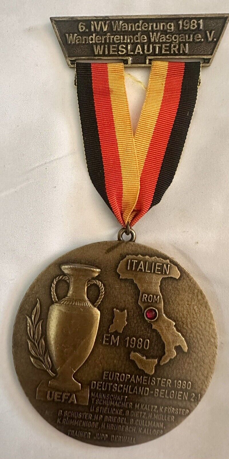 Vintage 1980 German Hiking Medal Ginzkey Rome Italy UEFA Metal Wieslautern Brass