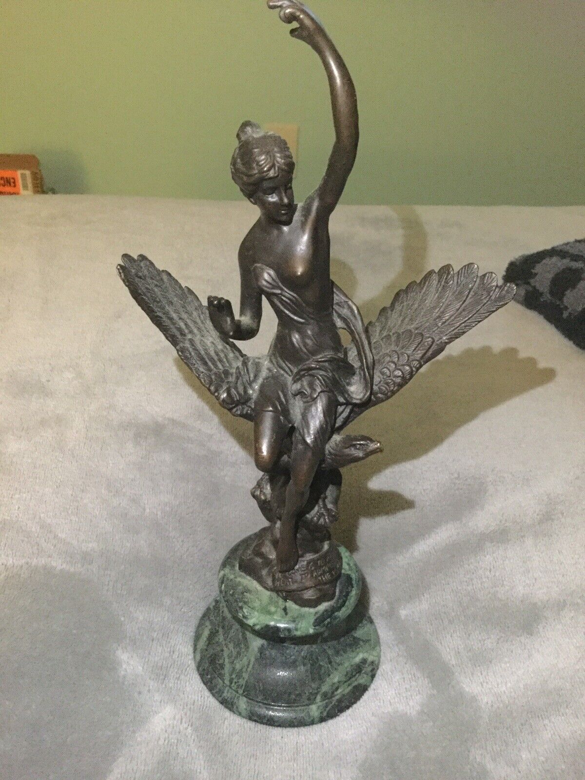 Bronze Lady Woman Sitting On Eagle Bird  Signed Figurine sculpture Marble Base