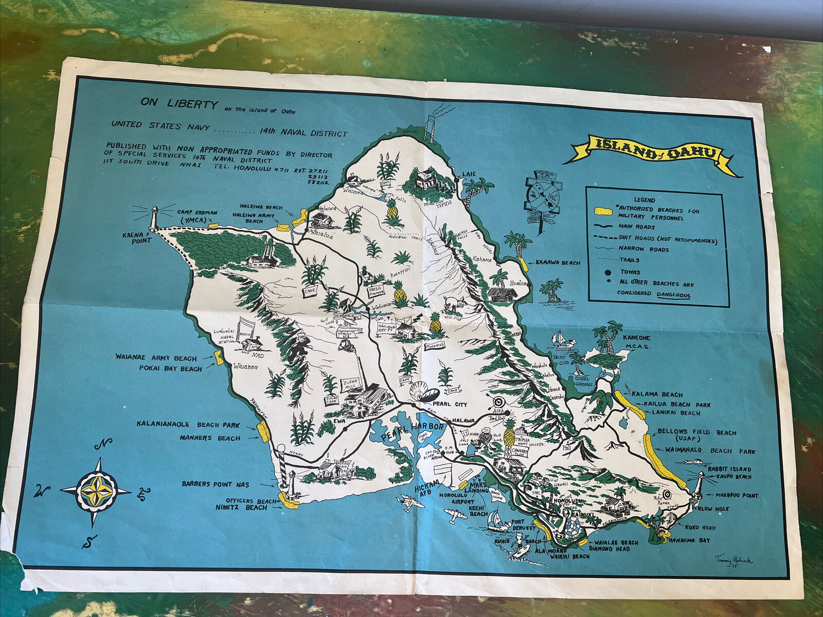 22x16” Cartoon Map The Island of Oahu, 1953, Tommy Robuck Navy Hawaii Cartograph