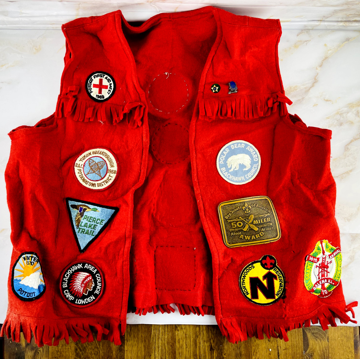 Vintage Boy Scouts of America Red Felt Vest - 21 Patches Badges 1960s