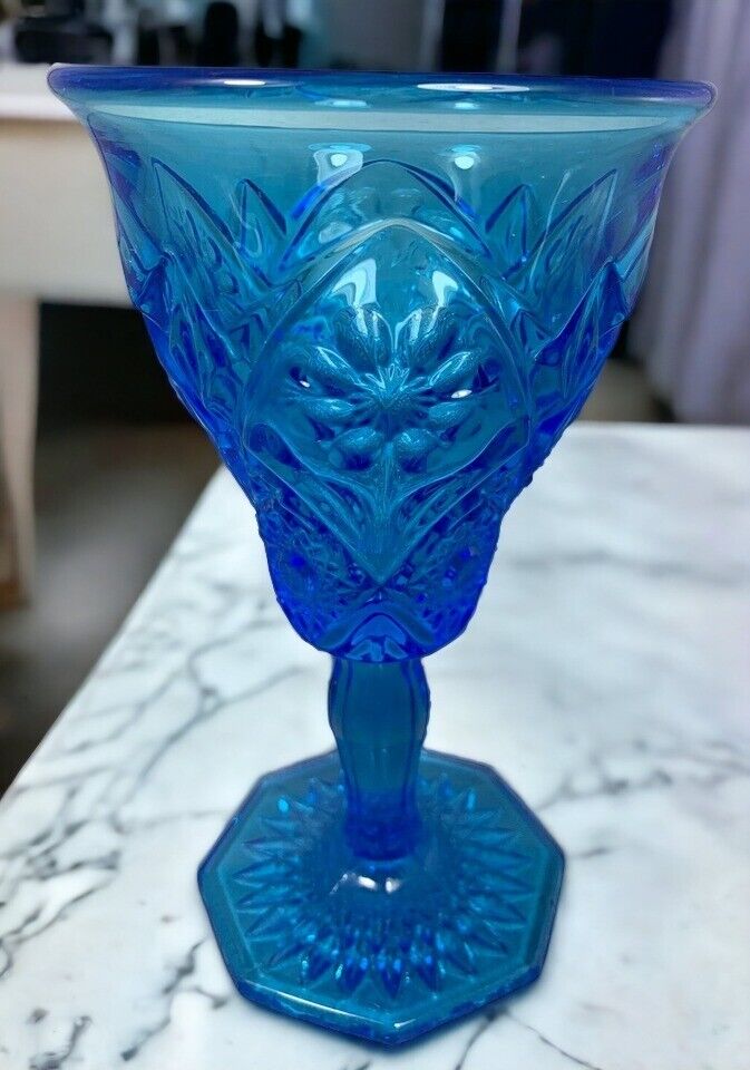 Imperial Glass Ohio Cosmos Antique Blue Pedestal Goblet 6.5\