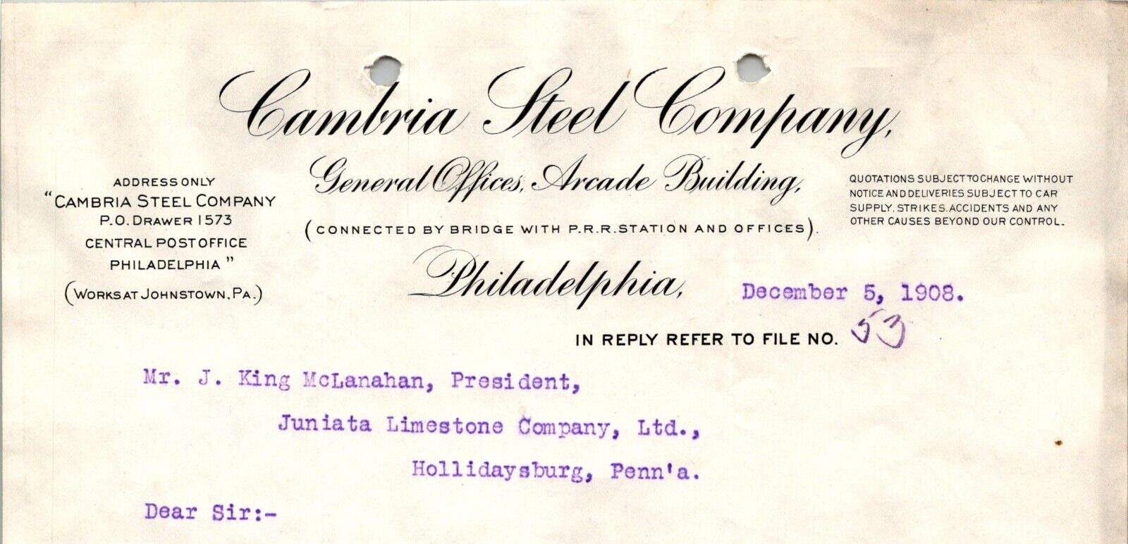 Antique 1908 CAMBRIA  STEEL COMPANY GENERAL OFFICES PHILADELPHIA PA  BL164