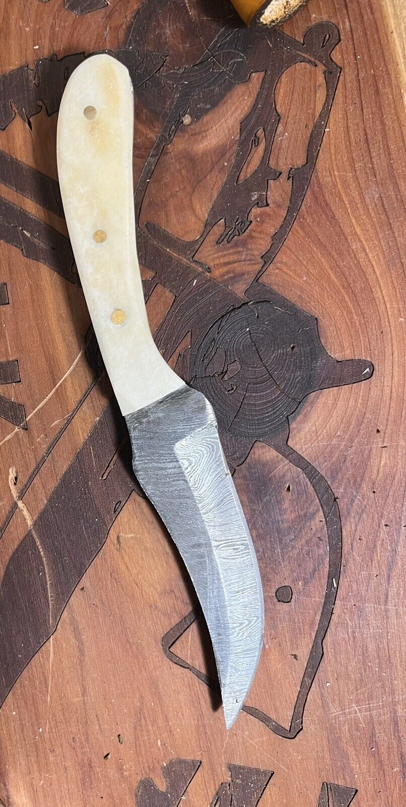 8 in Bone Handle Damascus  Knife With Custom  Leather  Sheath  Edc