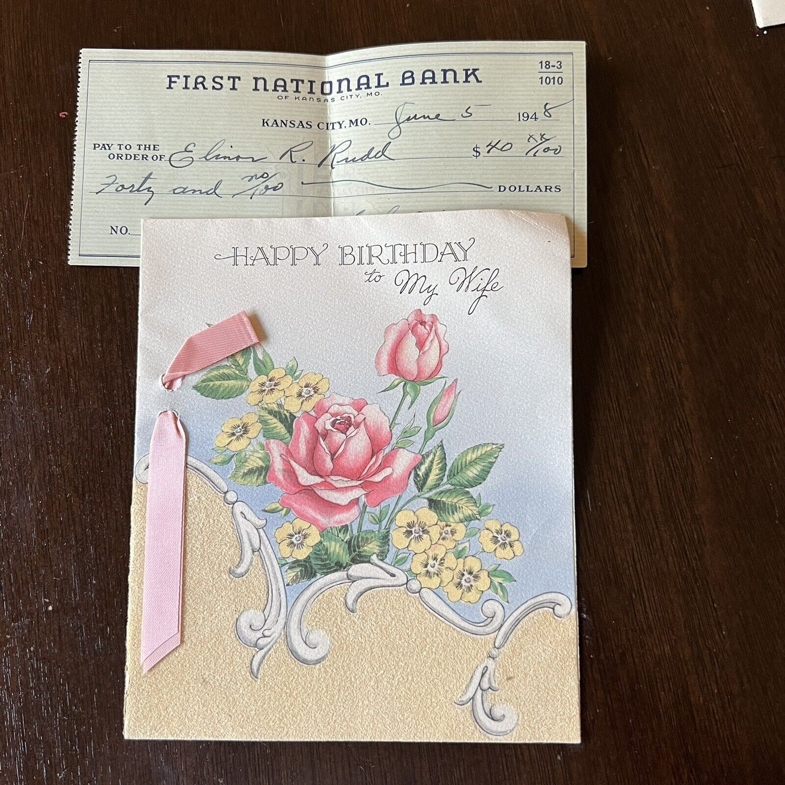 1948 HAPPY BIRTHDAY TO WIFE GREETINGS CARD WITH CHECK BUZZA CARDOZO HOLLYWOOD