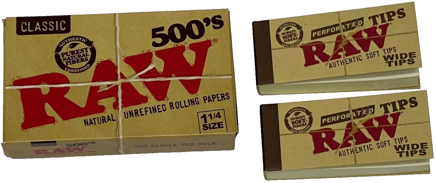 Raw 500\'s Classic Natural Unrefined Rolling Papers With Tips **Free Shipping**