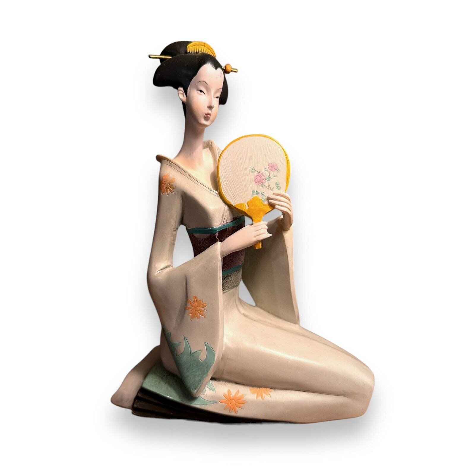 Turtle King Corp Asian Sitting Geisha Holding Fan Figurine 7.25” Sculpture