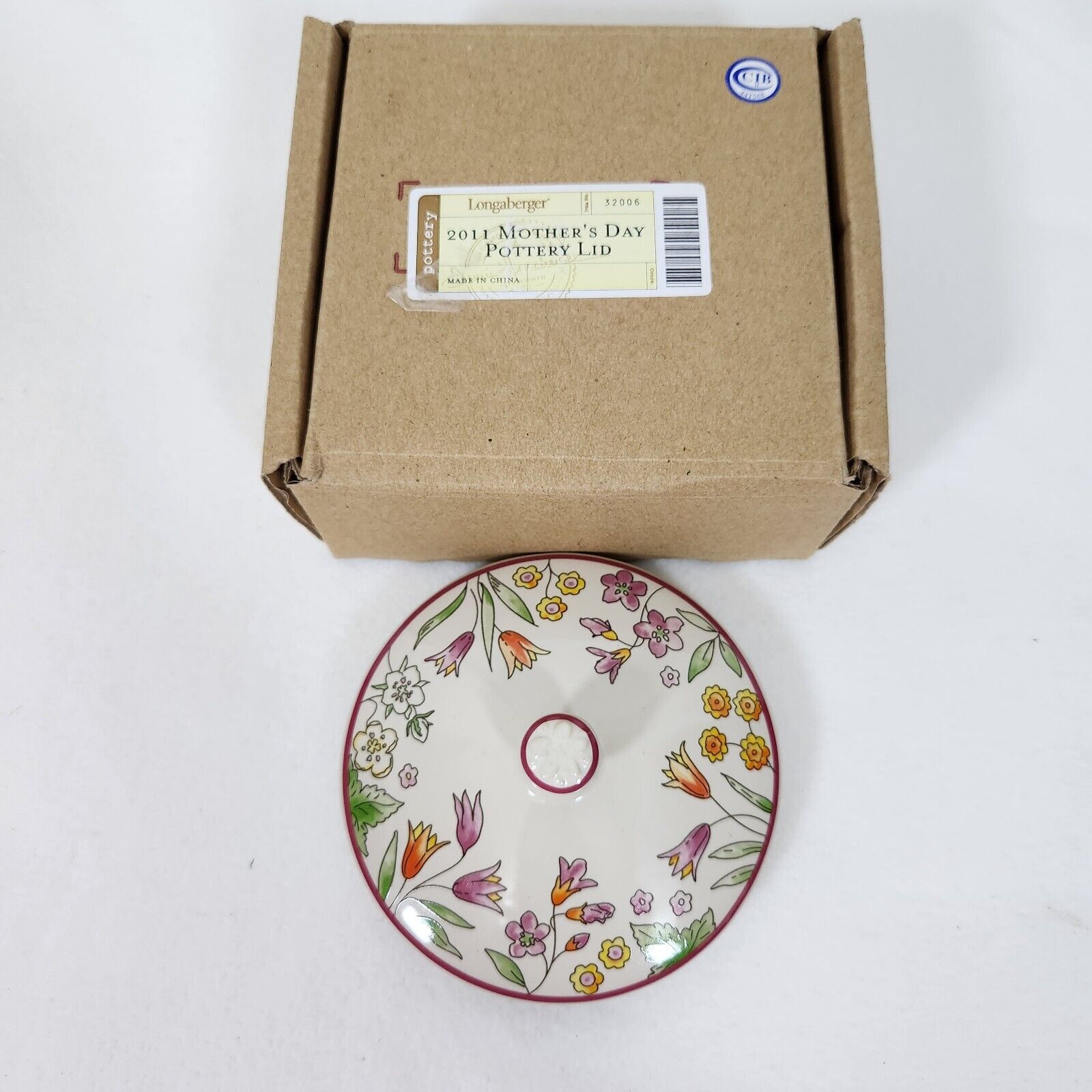 Longaberger 2011 Pottery Ceramic Mother’s Day Lid Only #32006 Floral w Knob NOS